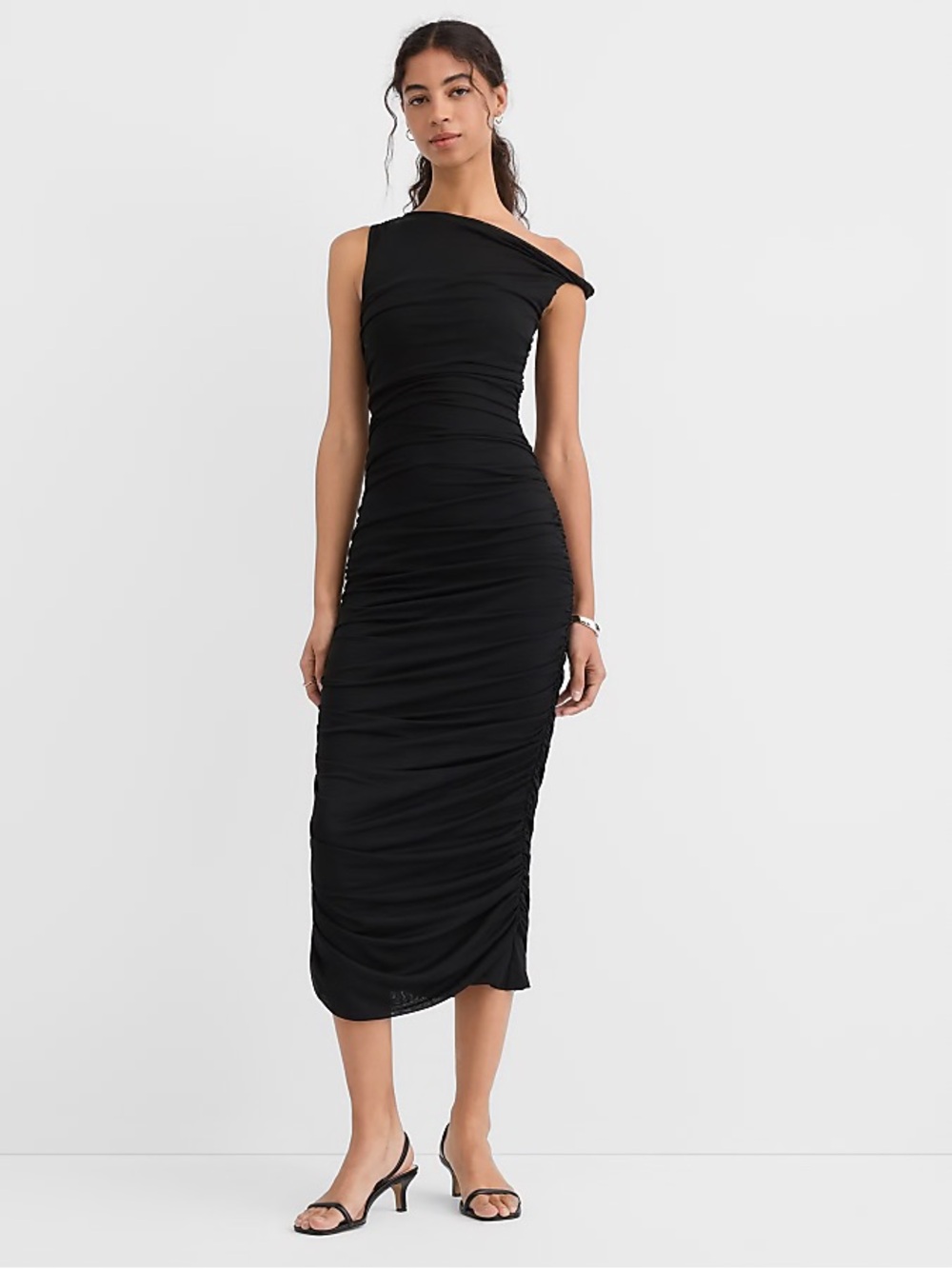 LOFT Black One-Shoulder Ruched Midi Dress